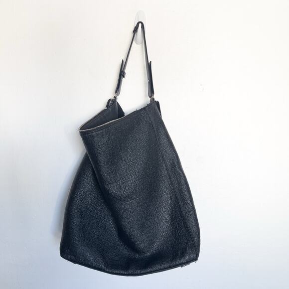 AllSaints Purse Bag Large Hobo Black Leather Textured Canvas Shoulder Crossbody - Picture 2 of 11